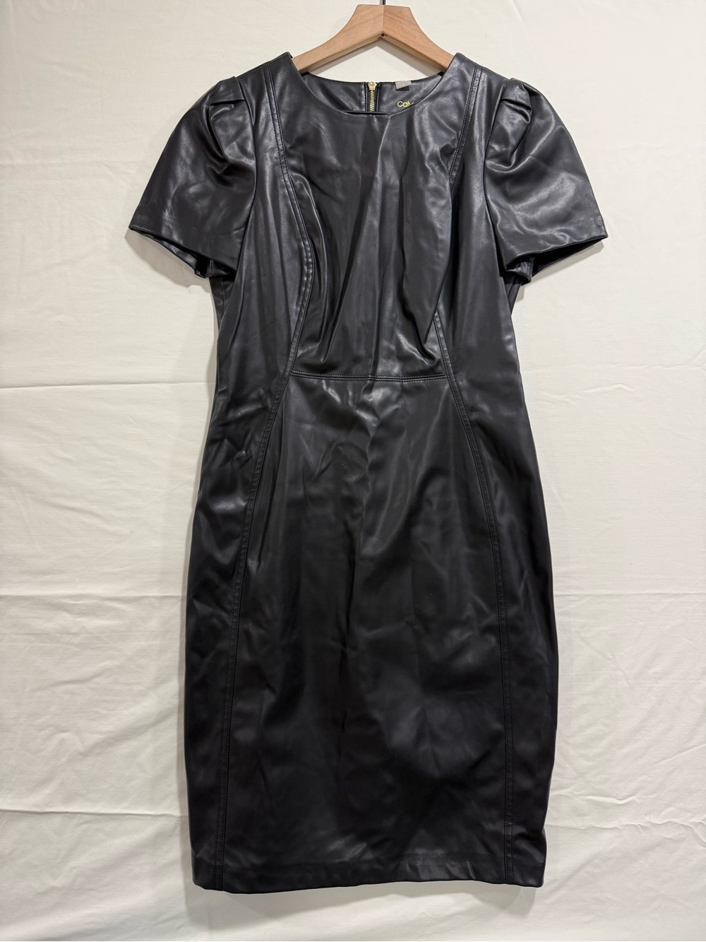Calvin Klein Black Faux Leather Puff Sleeve Midi Sheath Dress Size 8 - Picture 3 of 9